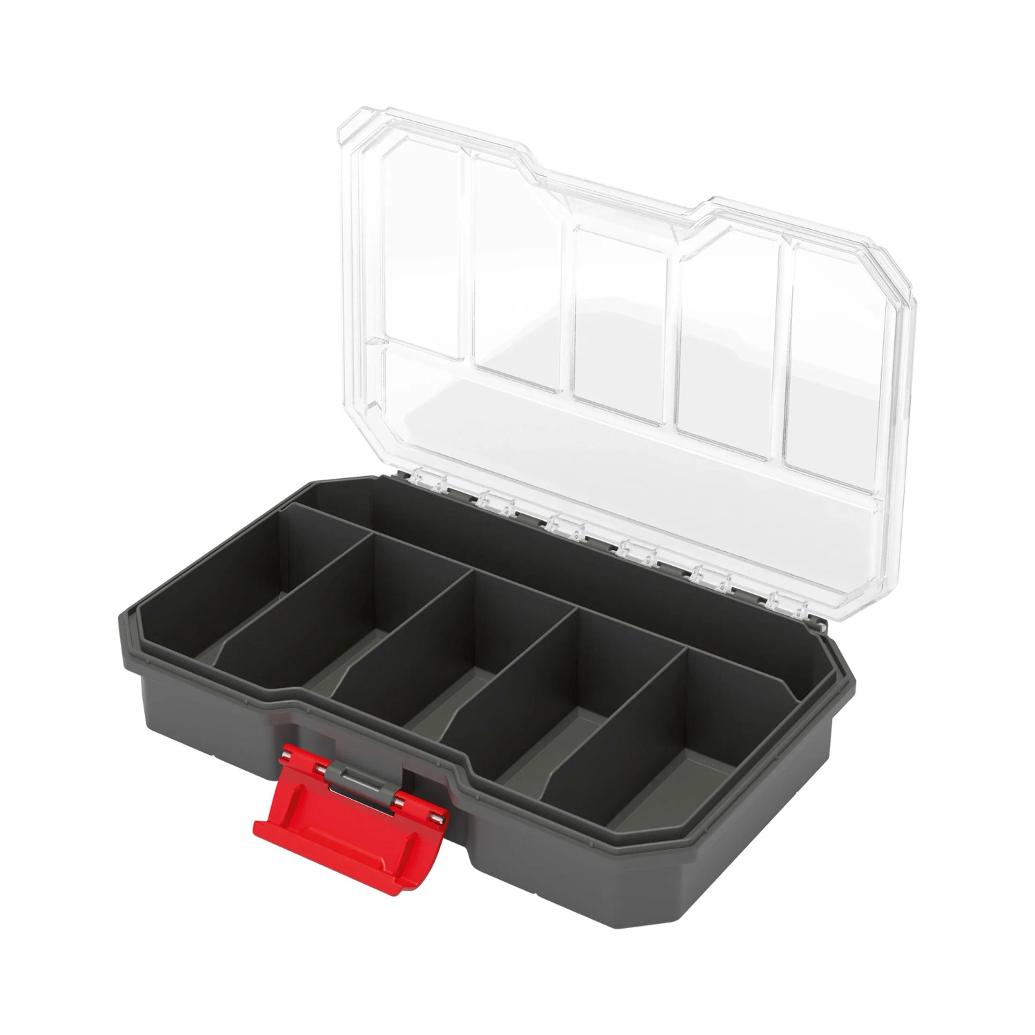 Qbrick Regular Compact Organizer Set 1, schwarze Aufbewahrungsbox mit transparentem Deckel und roten Verschlüssen.