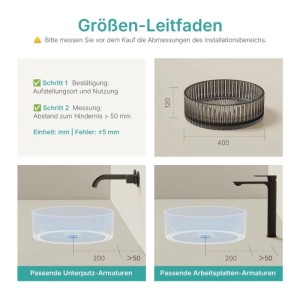 Emke Glas Aufsatzwaschbecken: Installationsanleitung mit Maßen (400x120mm) und passenden Armaturen für Waschtisch.