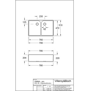 Technische Zeichnung: Villeroy & Boch O.Novo Doppelspülbecken, 79,5 cm, Alpinweiß, mit Maßangaben.