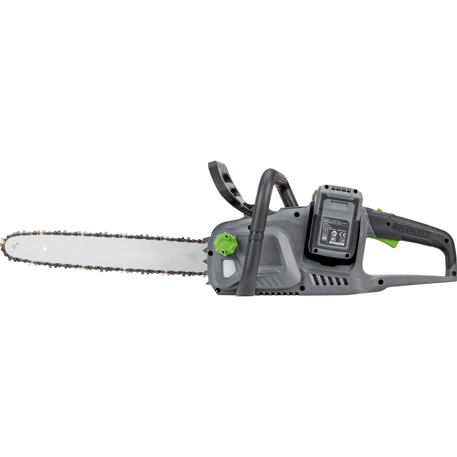 LUX-TOOLS Akku-Kettensäge A-KS-2x20/405 1 PowerSystem, graue Akku-Kettensäge mit Akku.