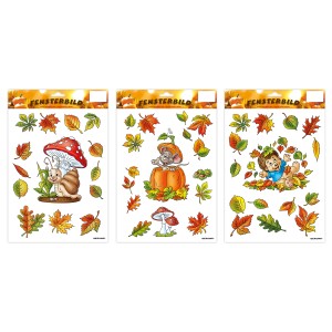 Fensterbild Herbst, 21x32 cm, mit Motiven wie Blätter, Pilze, Igel und Kürbis. Dekorative Herbstfiguren.