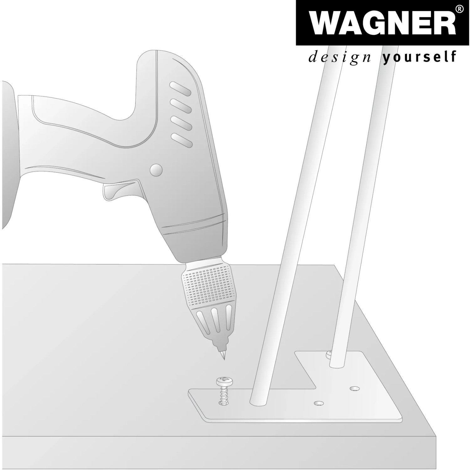Montage eines schwarzen Wagner Hairpin Möbelbeins mit Schraube und Akkuschrauber.