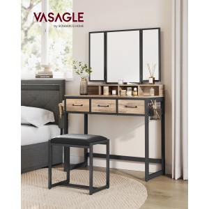 Vasagle Schminktisch mit Hocker in Eichenbraun und Schwarz mit dreiteiligem Spiegel.