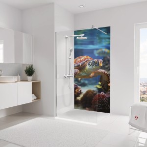 Schulte Duschrückwand mit Schildkröten-Motiv in moderner Dusche.