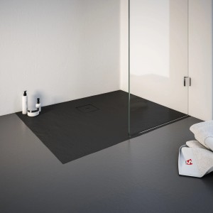 Rechteckige Schulte Duschwanne ExpressPlus, 100x80 cm, in Anthrazit mit Steinoptik und Ablaufgarnitur.