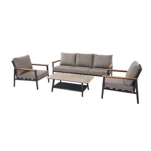 4-teiliges Siena Garden Loungeset Liguria in Anthrazitgrau mit Tisch und grauen Kissen.