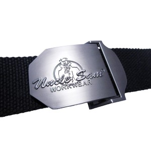 Schwarzer Uncle Sam Workwear Gürtel mit Metallschnalle und Logo.