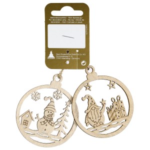 2er-Pack Deko Weihnachtskugeln aus Holz Natur mit Wintermotiven, Ø 6cm.