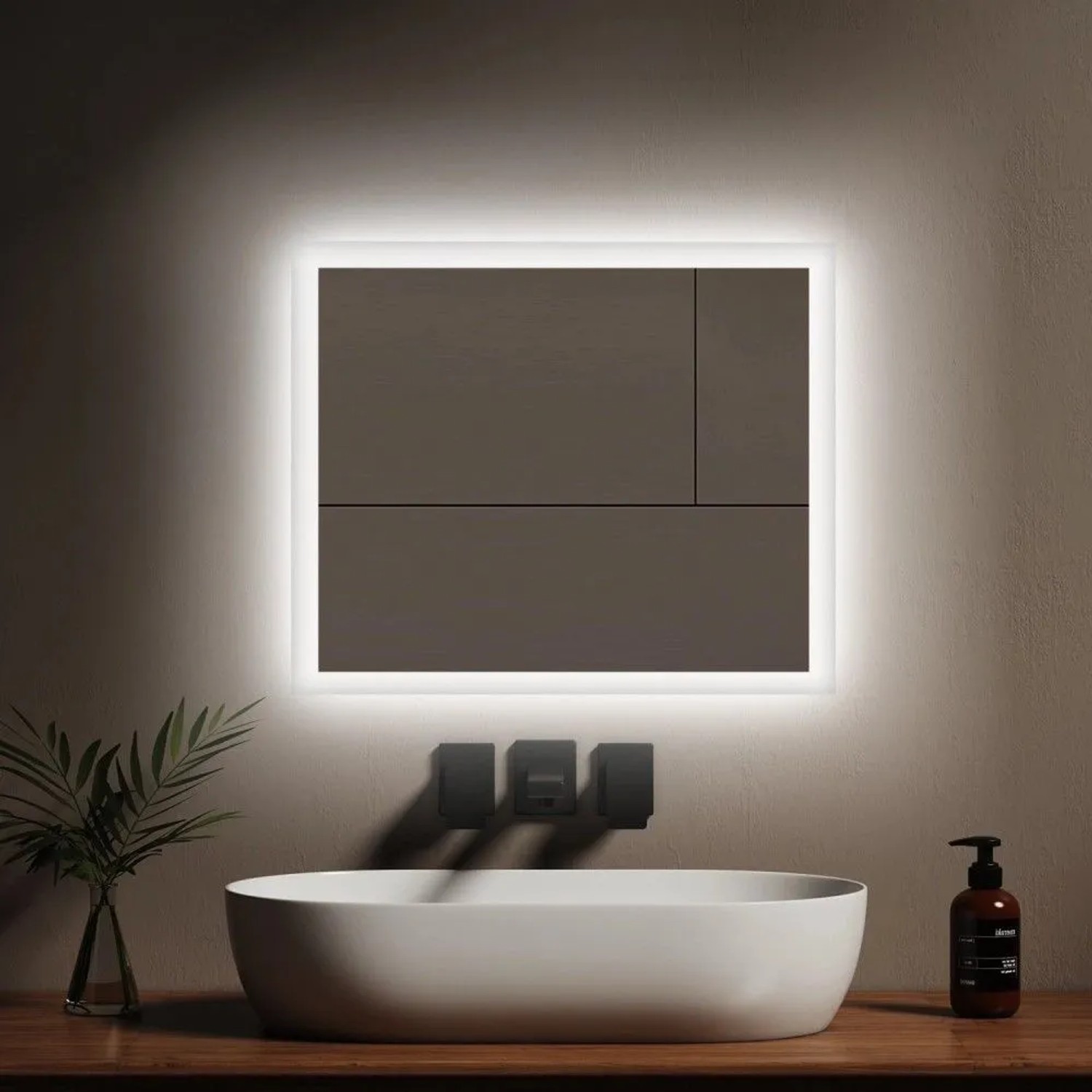 Rechteckiger Emke LED Badspiegel mit heller Beleuchtung, Antibeschlag und Kippschalter über Waschbecken.