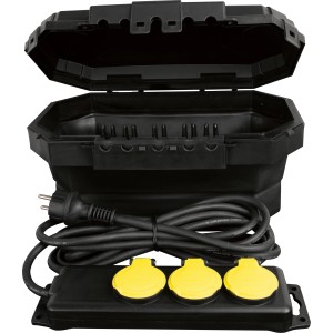 D-Line Wetterschutzbox, faltbar, mit 3 Steckdosen und 4m Kabel. Ideal für den Außenbereich.