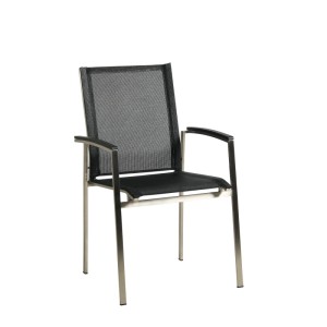 Acamp Auris Stuhl, Teil des Gartenmöbel-Sets, Edelstahlgestell, schwarzer Acatex-Bezug.