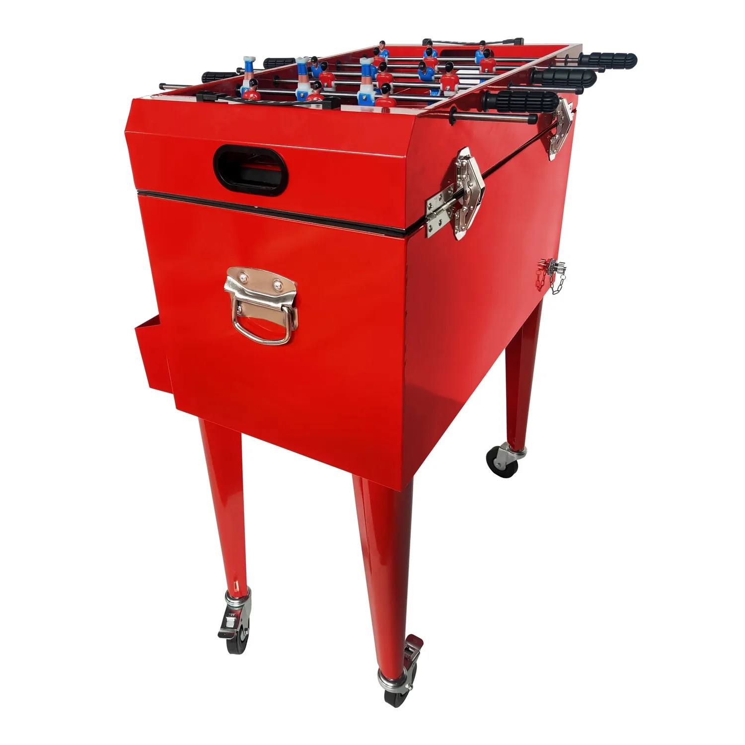 Roter Axi Kühlwagen mit Tischfußball, 65L, mit Griff, Rädern und Flaschenöffner.