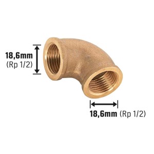 Gewinde-Winkel aus Rotguss, 18,6 mm (Rp 1/2), zur Verbindung von Rohren im 90-Grad-Winkel.