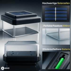 Solar Zaunleuchte für 60x40mm Pfosten, schwarz-transparent, mit Solarpanel und Akku. Ideal für Doppelstabmattenzaun.