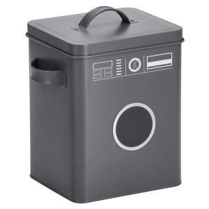 Anthrazitfarbene Waschpulverbox aus Metall im Waschmaschinen-Look mit Sichtfenster und Deckel.