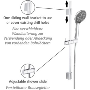 Wenko Brauseset Watersaving Chrom mit Duschstange und Handbrause mit 3 Funktionen.