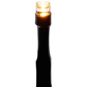 Nahaufnahme einer warmweiß leuchtenden LED-Birne der OBI Lichterkette am schwarzen Kabel für Außenbereich.