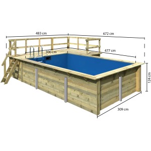 Karibu Holzpool Set mit Sonnenterrassen und Leiter. Kesseldruckimprägniertes Holz, blaue Poolfolie.