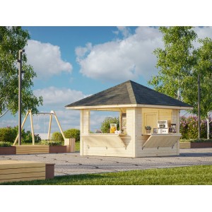 Palmako Marktstand Bianca Set 106, 300x300 cm, weiß lackiert, mit Verkaufsklappen und Tür.