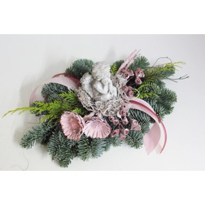 Grabgesteck mit Engel, rosa-gekälkt, ca. 35 cm. Dekoratives Gesteck für Gedenktage und Urnengräber.