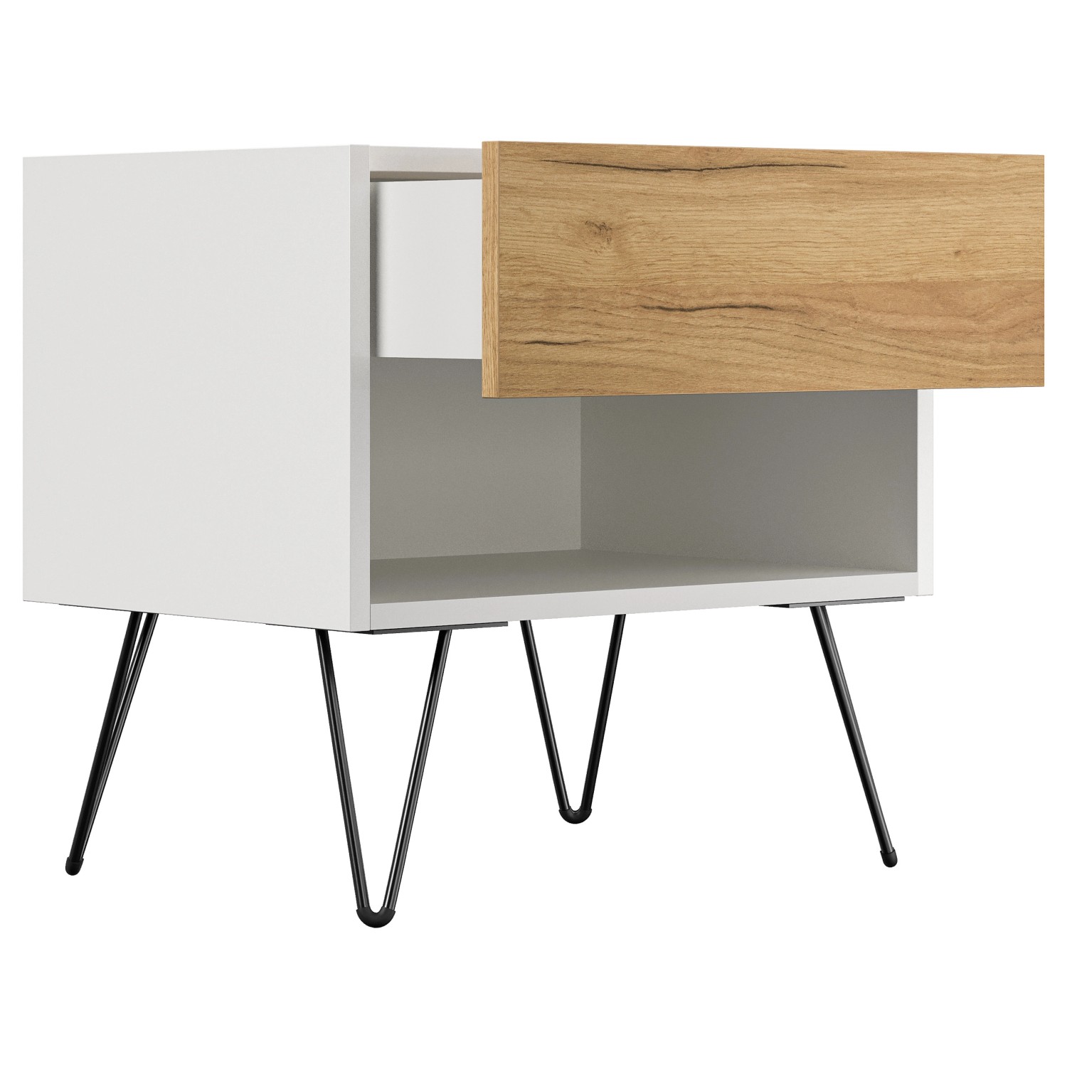 Posseik Nachttisch-Set Industrial B, 2-teilig, weiß/Eiche, mit Schublade und Ablagefach auf schwarzen Metallfüßen.