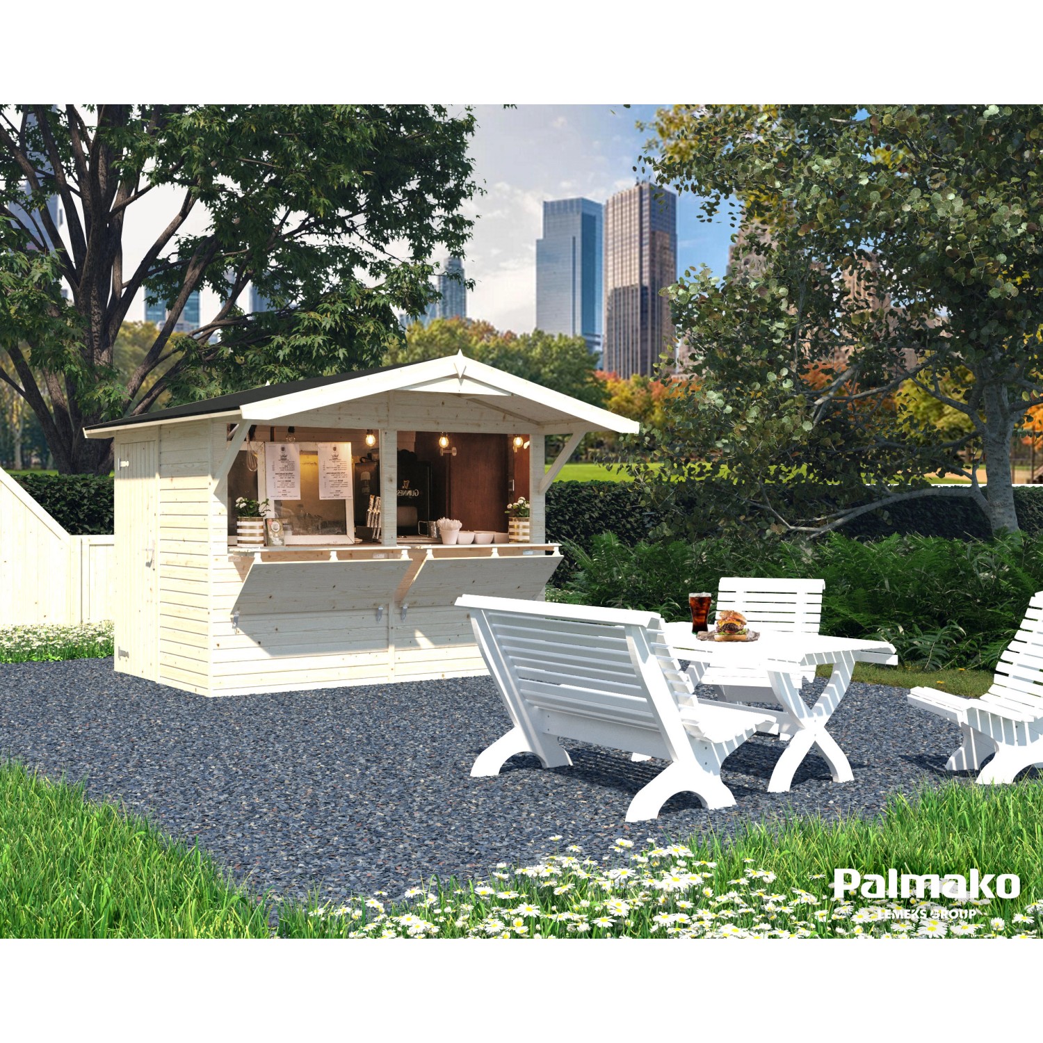 Palmako Stella Gartenhaus, tauchgrundiert, mit Satteldach und Sitzgruppe im Garten.