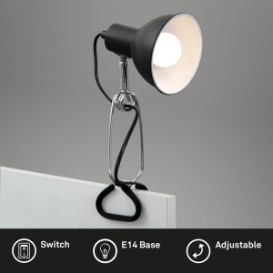 Schwarze Briloner Klemmleuchte mit Chrom-Details, ideal als Leselicht.