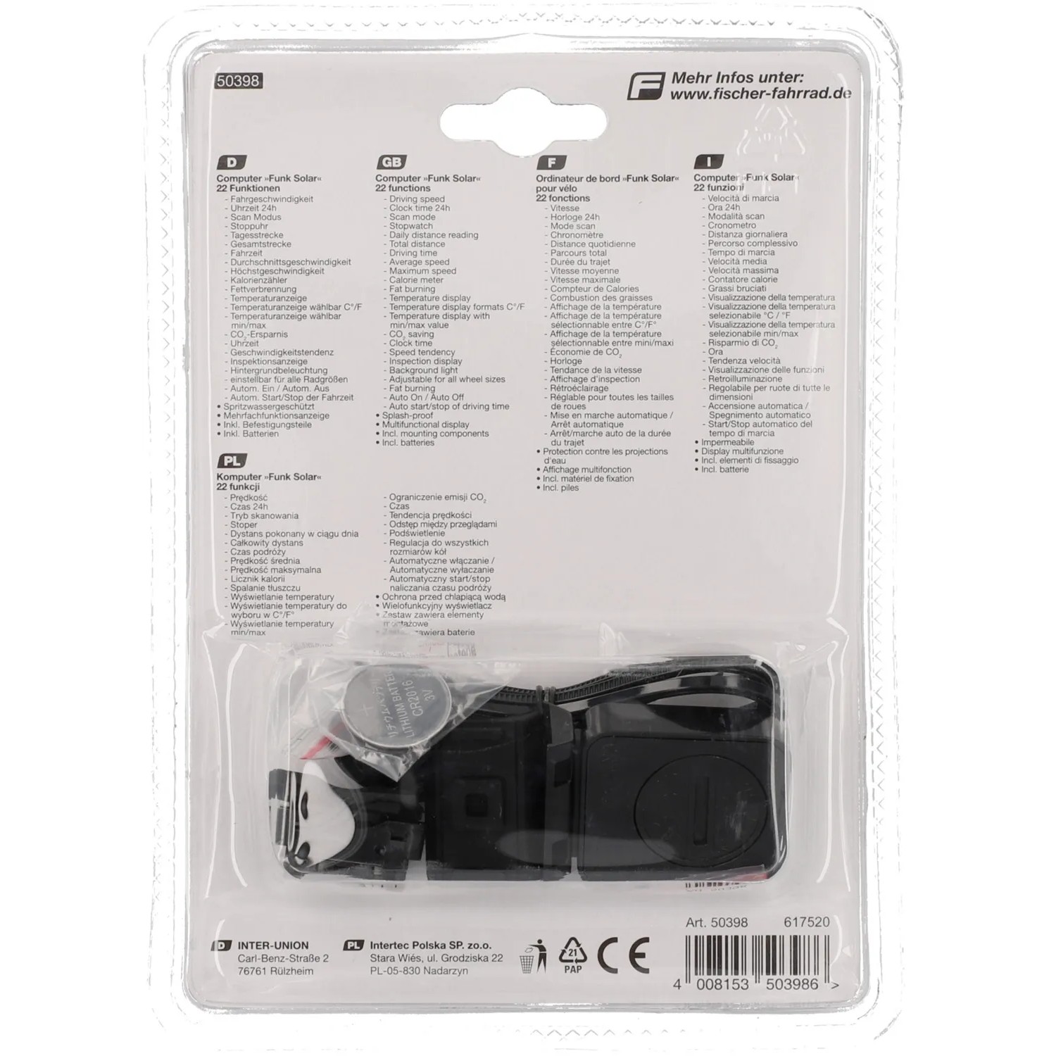 Fischer Fahrradcomputer Funk Solar, schwarz. Kabelloser Fahrrad-Tacho mit Solarfunktion und vielen Funktionen.