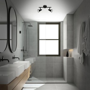 Schwarze, schwenkbare Briloner Bad-Deckenleuchte Flamo mit zwei Spots im Badezimmer.