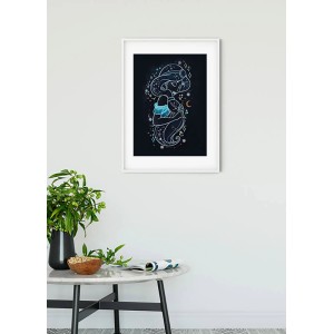 Komar Wandbild Jasmin Stars, 50x70 cm, mit filigranem, blauem Jasmin-Motiv im weißen Rahmen.