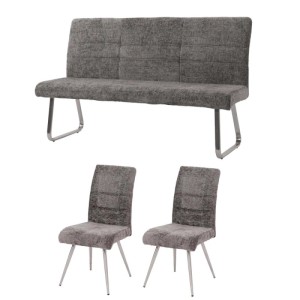 MCW Esszimmer-Set G55, 3-teilig: Sitzbank (160cm) und 2 Stühle, Chenille Stoff Dunkelgrau.