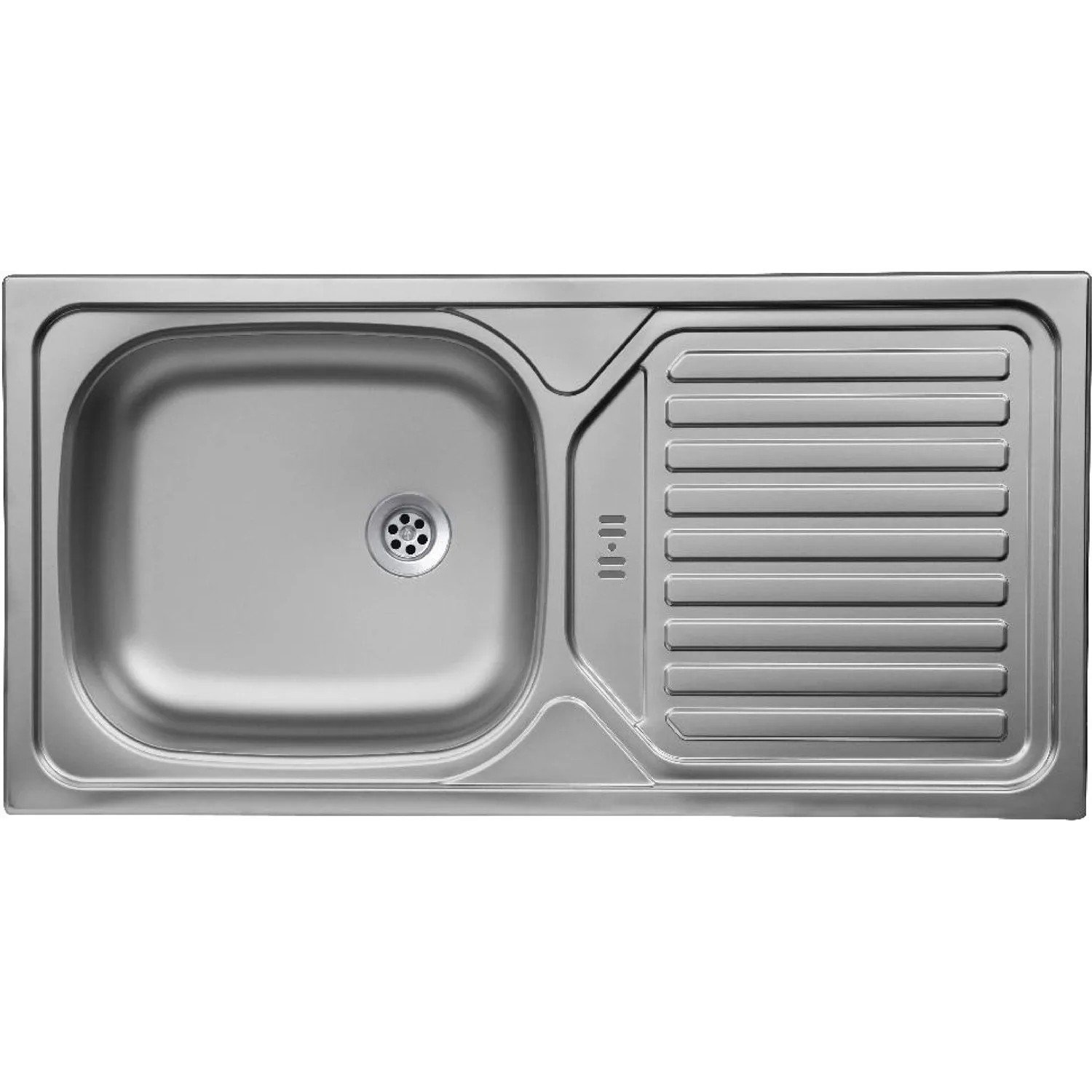 Edelstahlspüle für Einbauküche mit Abtropffläche, Aufsicht.