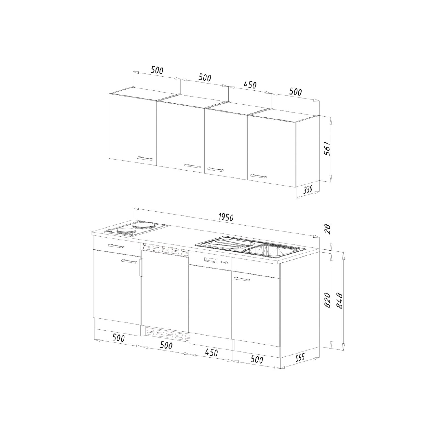 Skizze der Respekta Küchenzeile KB195EYW, 195 cm, in Weiß und Eiche Nachbildung mit Duokochfeld und Maßangaben.