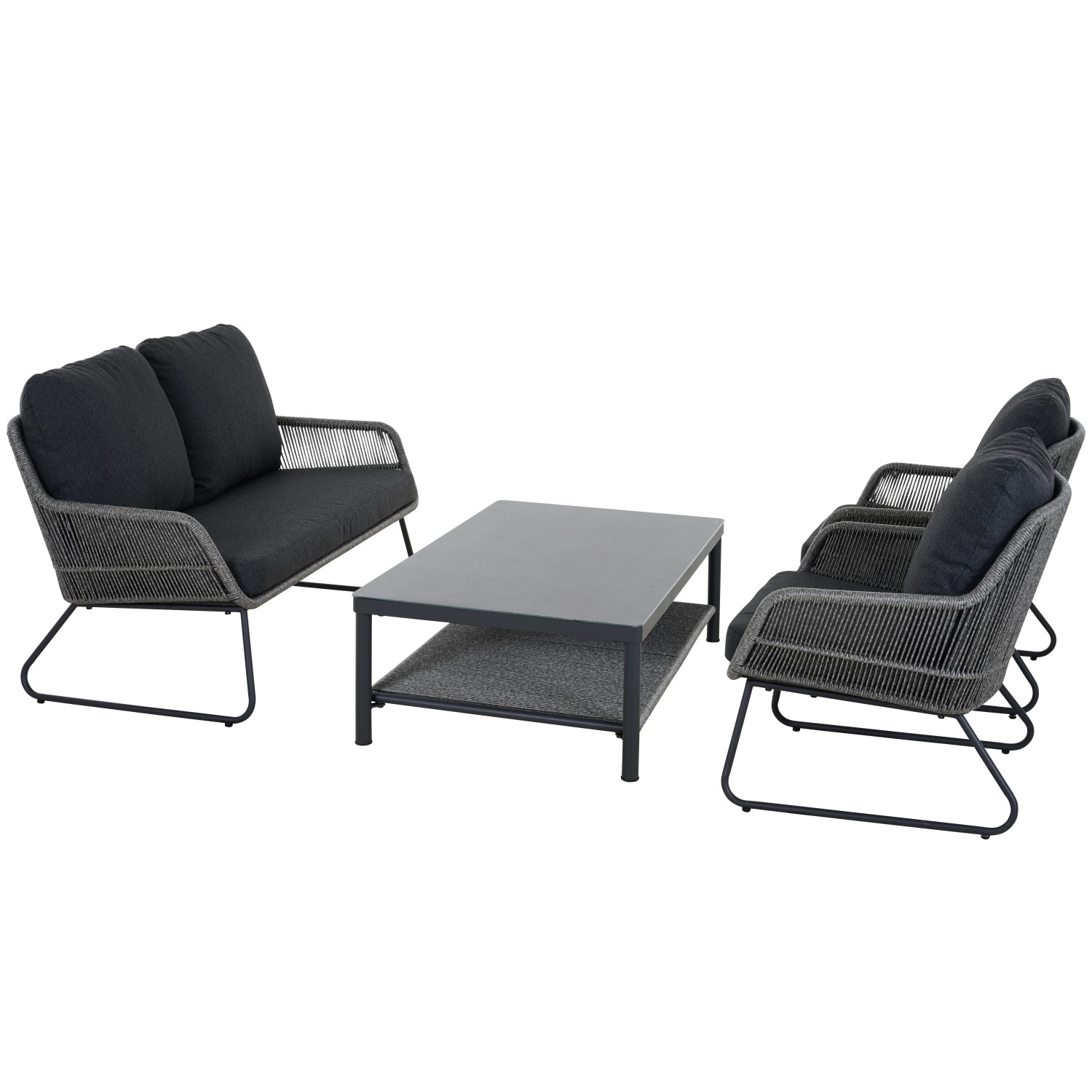 Siena Garden Kansas Lounge Set: 2-Sitzer Sofa, 2 Sessel, Tisch, graue Kordel, schwarze Kissen.