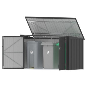 Tepro Universalbox Store Max in Anthrazit, geöffnete Tür und Deckel, zur Aufbewahrung von Mülltonnen.