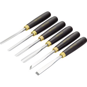 6-teiliges LUX Kerbschnitzwerkzeug Set mit Holzgriffen und Chrom-Vanadium Stahl Klingen.