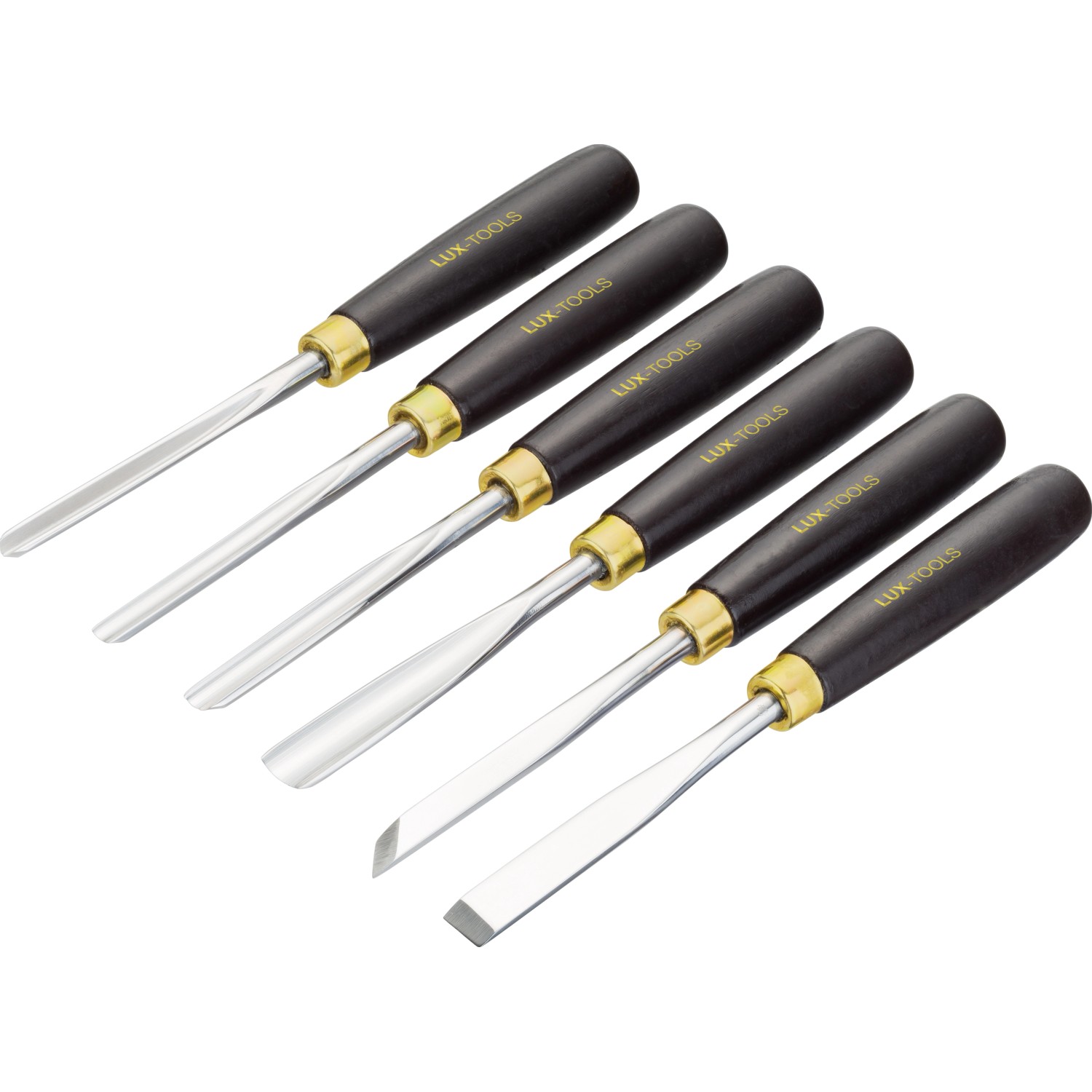 6-teiliges LUX Kerbschnitzwerkzeug Set mit Holzgriffen und Chrom-Vanadium Stahl Klingen.