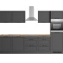 Moderne graue Küchenzeile Kempten 300 cm mit E-Geräten und Arbeitsplatte in Holzoptik.