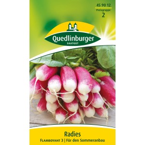 Samenpackung Quedlinburger Radieschen 'Flamboyant 2', länglich, rot-weiß.