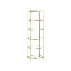 Vasagle Glasregal mit 6 Ablagen, goldfarbenes Metallgestell, modernes Design.