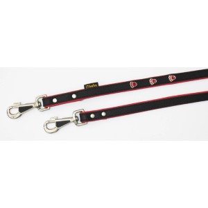 Schwarze Heim Hundeleine mit roten Pfoten, 16 mm breit, 200 cm lang, 3-fach verstellbar.