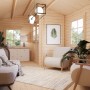 Innenansicht: Hellbraunes Palmako Susanna Holz-Gartenhaus mit Satteldach und Einrichtung.
