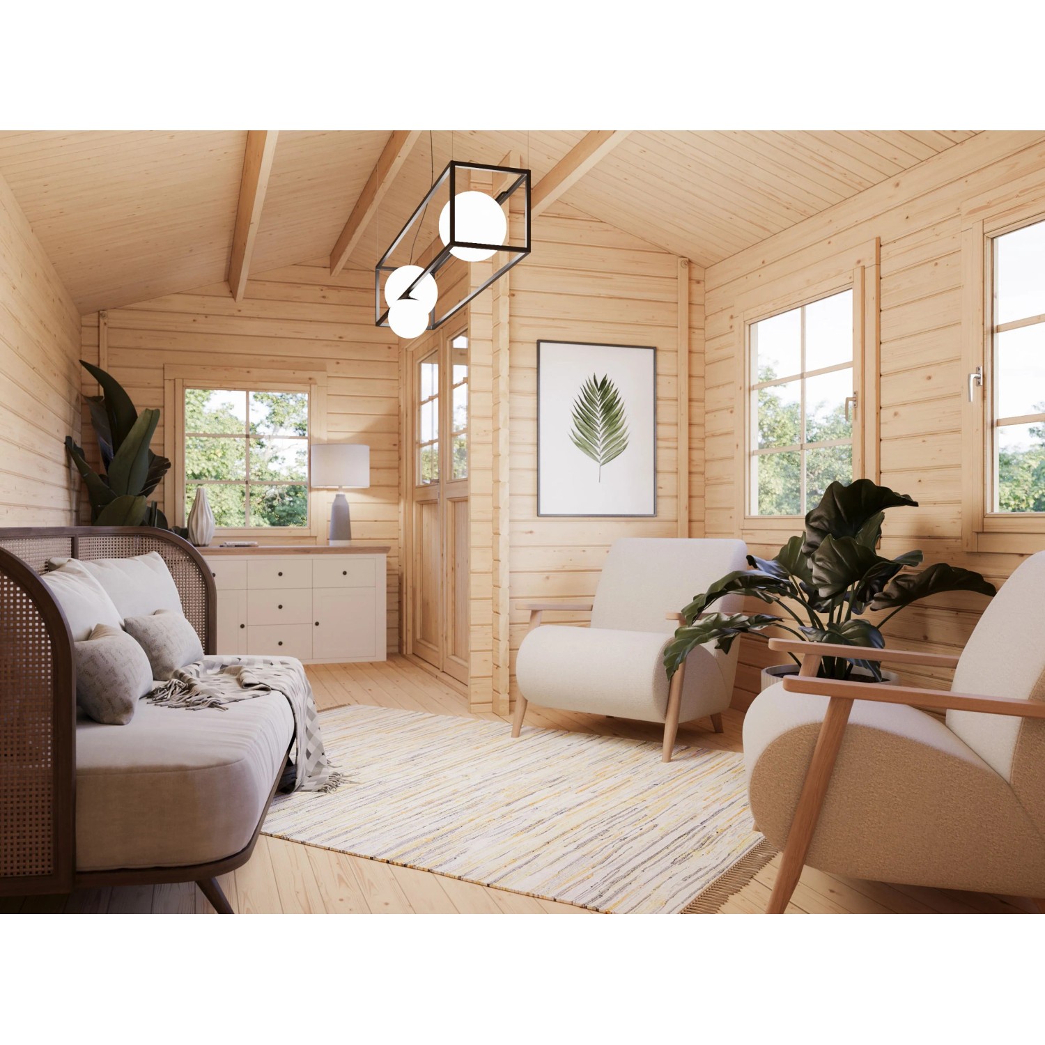 Innenansicht: Hellbraunes Palmako Susanna Holz-Gartenhaus mit Satteldach und Einrichtung.