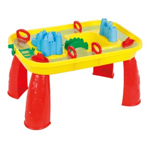 Gelb-roter Sand- und Wasserspieltisch mit Zubehör, ideal für Kinder ab 3 Jahren.