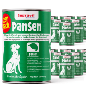 Supravit Premium Hundenassfutter Pansen im 12er Pack. Grüne Dosen mit Rindfleisch und Rinderpansen für Hunde.