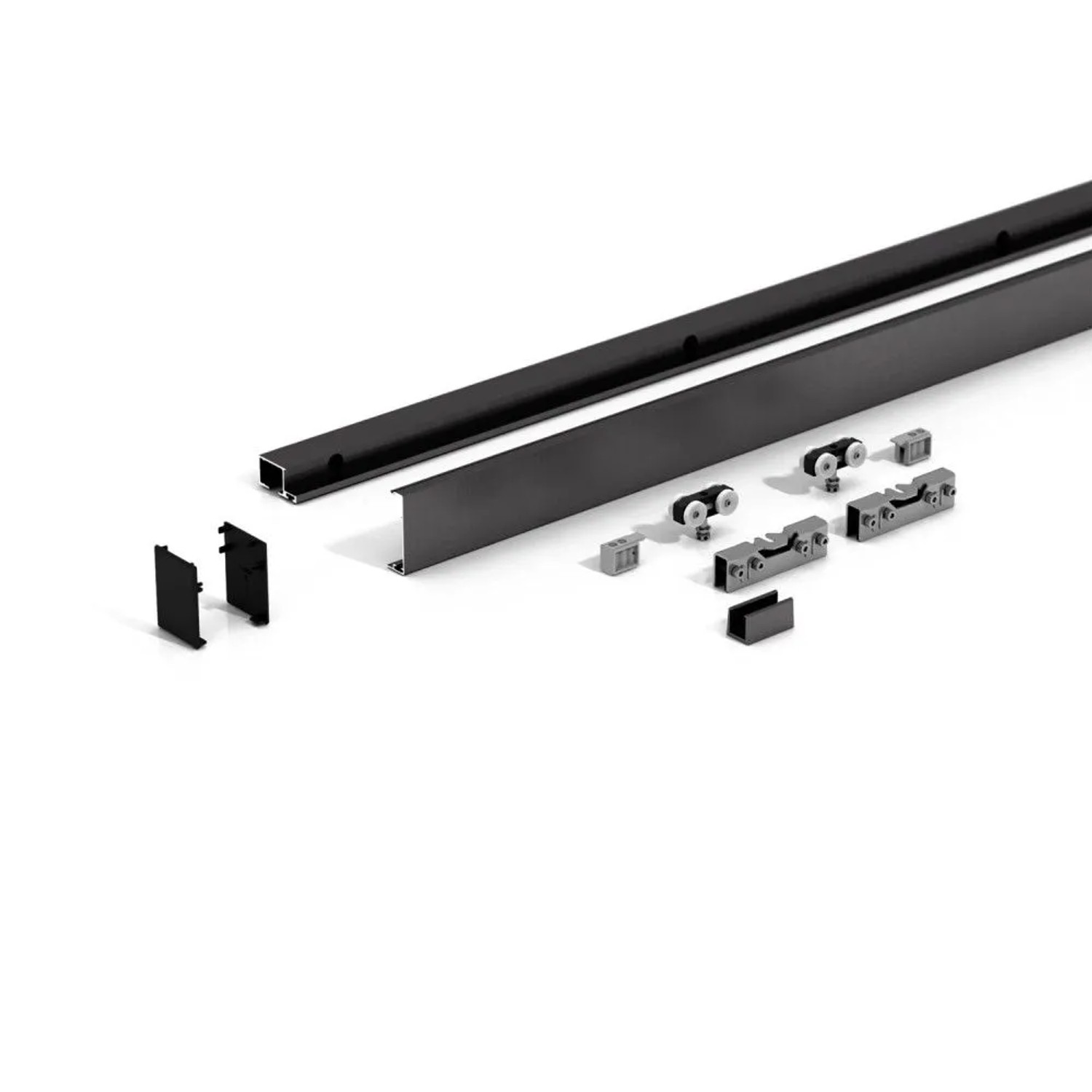 Schwarzes Levidor Schiebetür-Schienensystem mit Aluminiumprofilen, Laufwagen, SoftClose-Dämpfern und Endkappen für Glastüren.