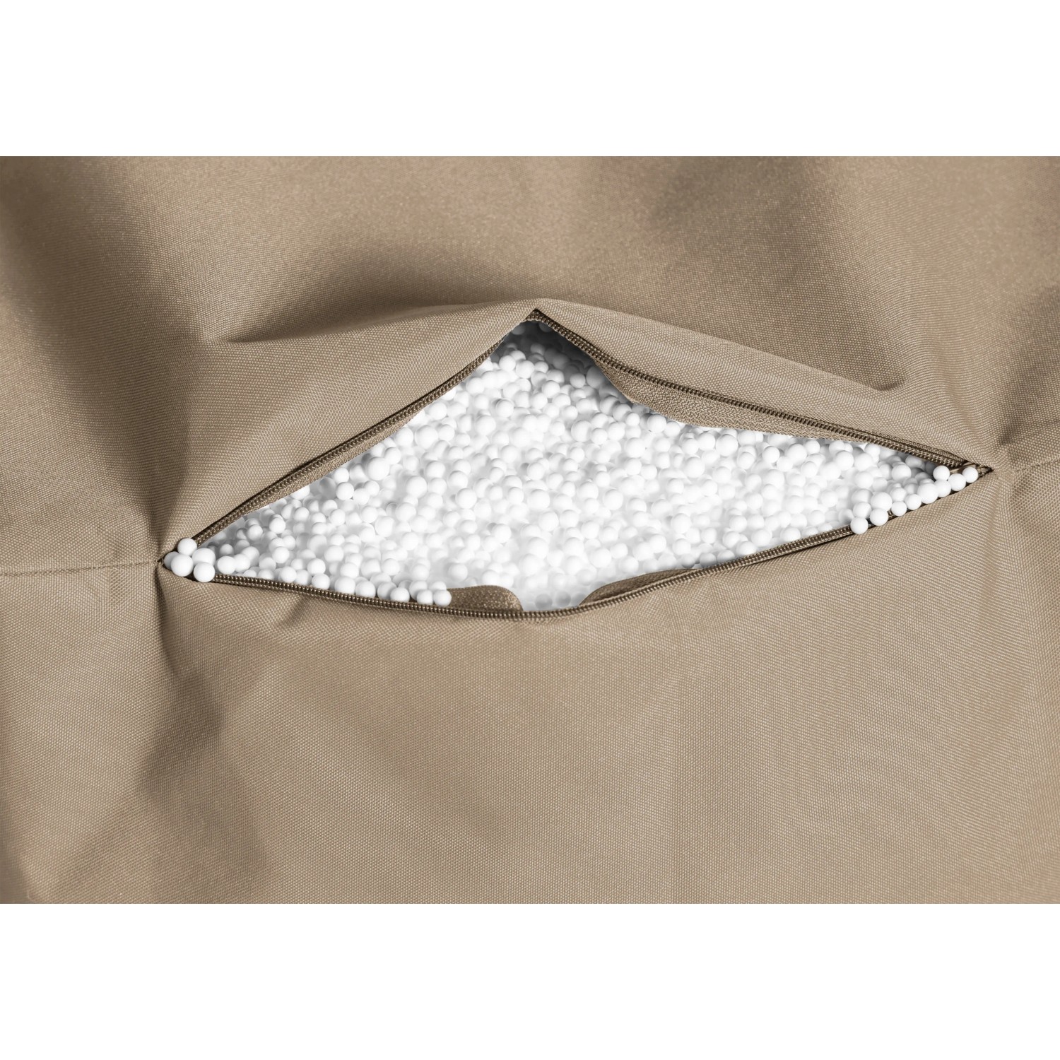 Detailaufnahme: Khaki Sitting Point Hocker Cube Scuba mit EPS-Perlen Füllung.