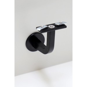 Schwarze Konsole mit Scheibe zur Wandmontage von Aluhandläufen.