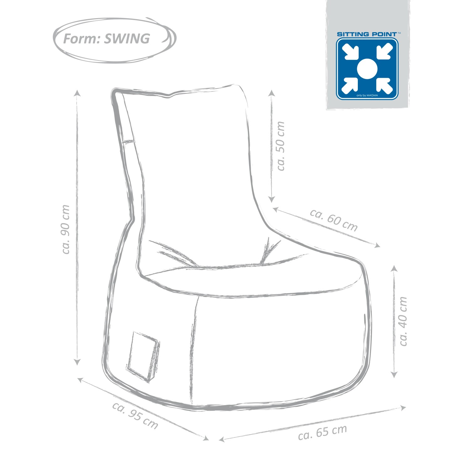 Skizze: Sitting Point Sitzsack Scuba Khaki, Maße ca. 90x65x95 cm, mit Seitentasche.