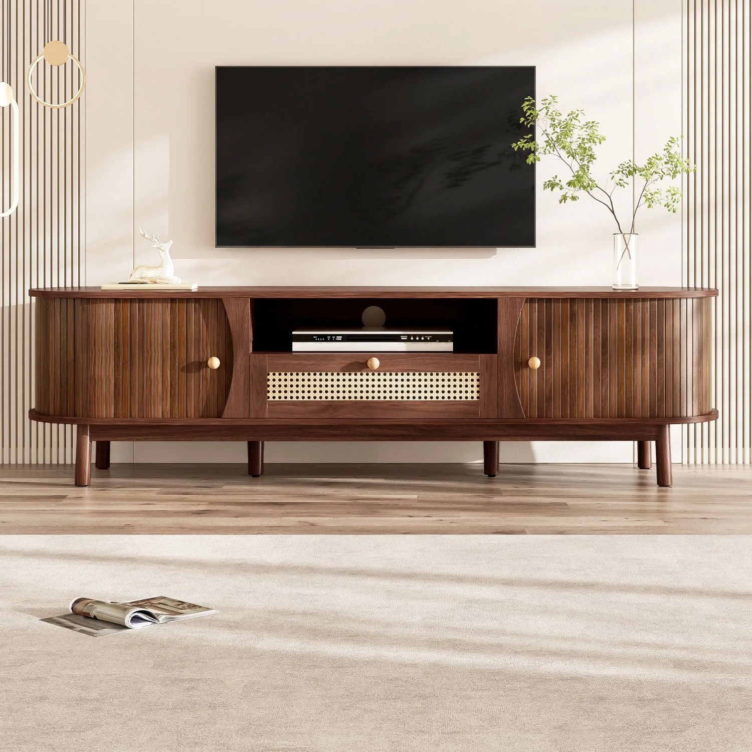 okwish TV Schrank mit Türen Schubladen Rattan Massivholz Stauraum 165x37x46cm Braun_4